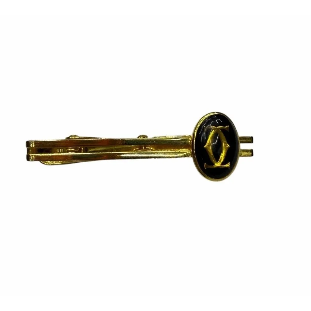 Cartier Men's Authentic Tie Clip Bar Gold Plated Enamel CC Monogram Logo euc